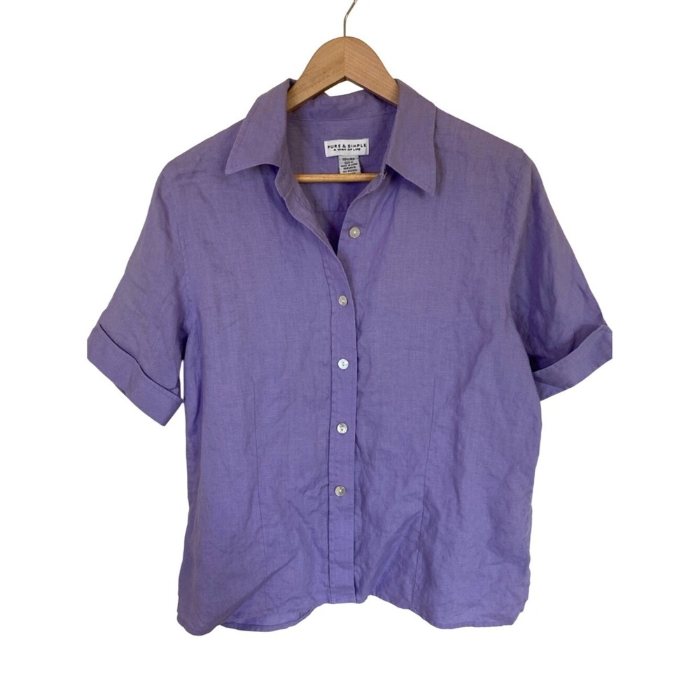 Pure & Simple Womens Lavender Linen Button-Up Shirt Size Medium Short Sleeve